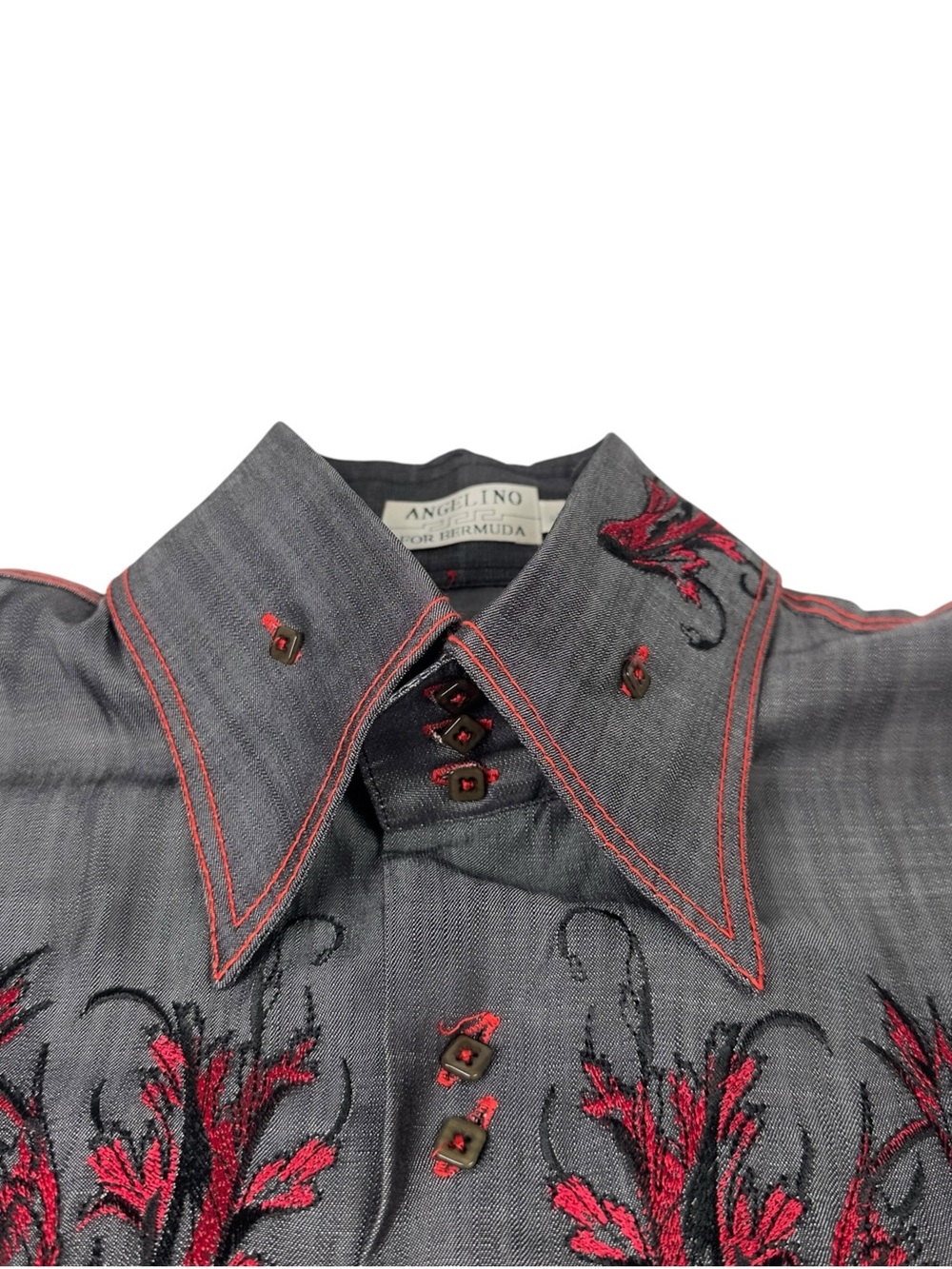 Angelino For Bermuda Button Up Shirt Mens XL Gray Embroidered Red Vines Leaves - Picture 3 of 8